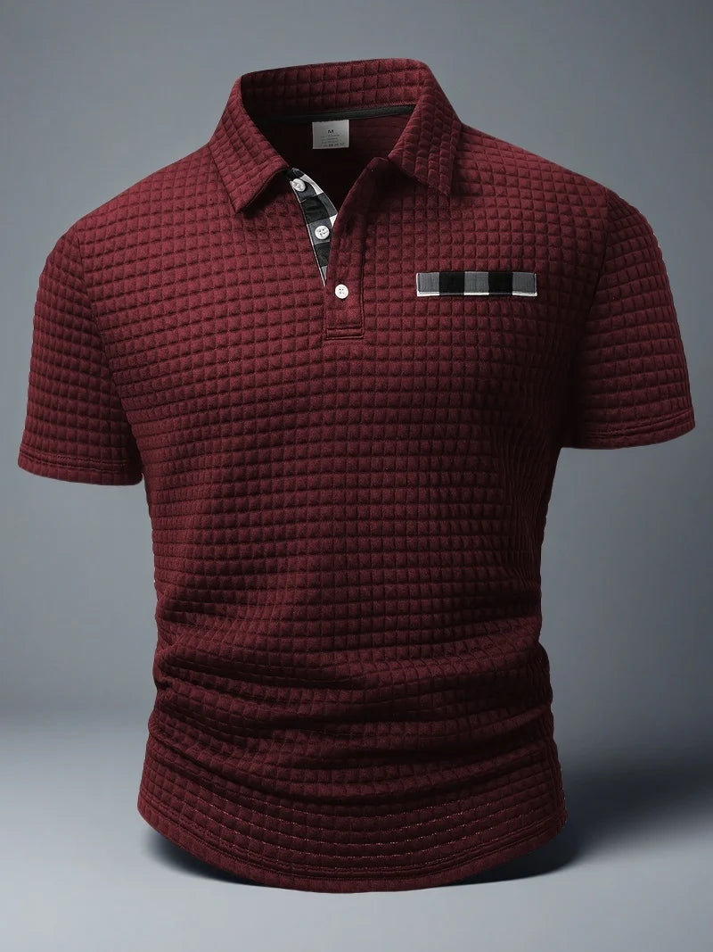 Men's Polo Shirt with Square Plaid Texture Fabric, Solid Color Pattern, Short-Sleeve Polo Collar Top, Non-Positioned Digital Print Fabric, Irregular Plaid Pattern, Fashionable Casual Daily Wear, Business Casual Wear