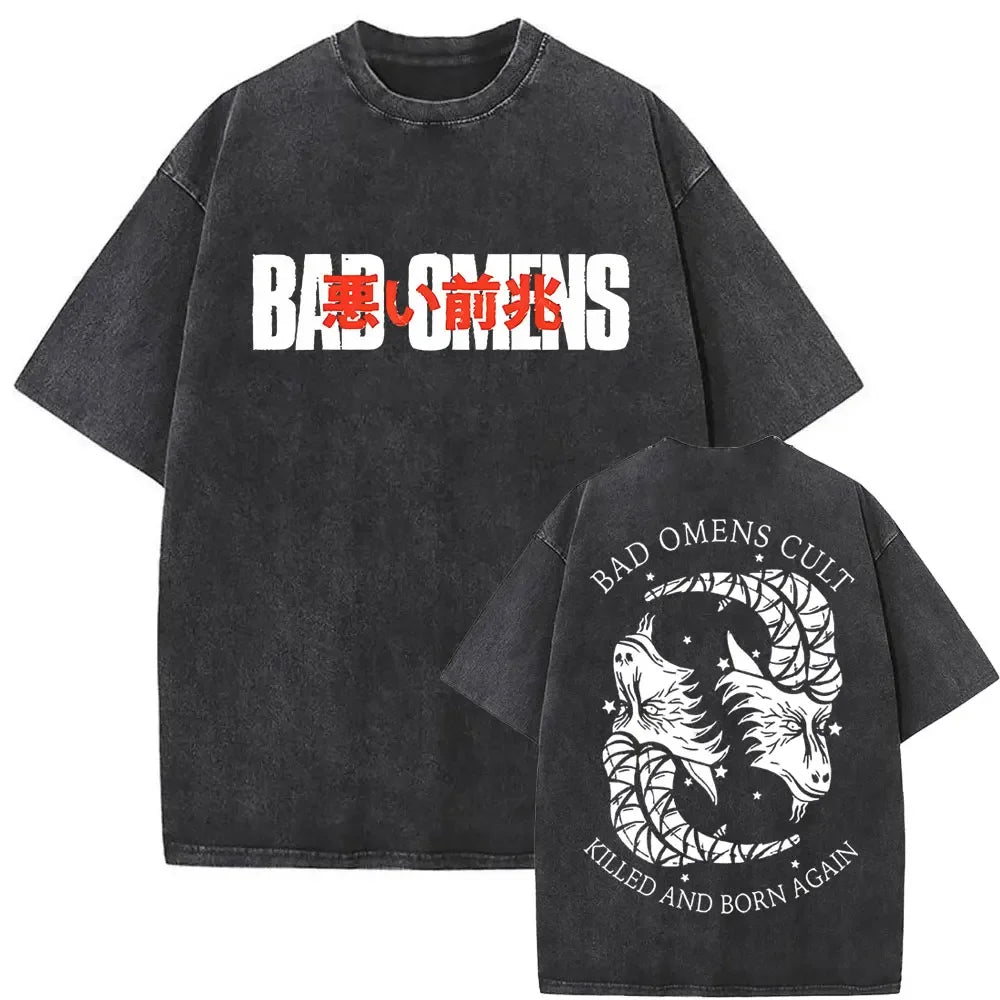 Washed Vintage Bad Omens Print T-shirt Funny Moth Graphic Tshirt Men Women Fashion Hip Hop Streetwear Short Sleeve T-shirts Male