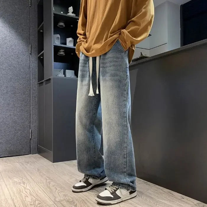 2025 New Fashion Summer Men's Denim Pants Old Blue Washed Male Brand Jeans Straight Casual Menwear Loose Wide Leg Trousers