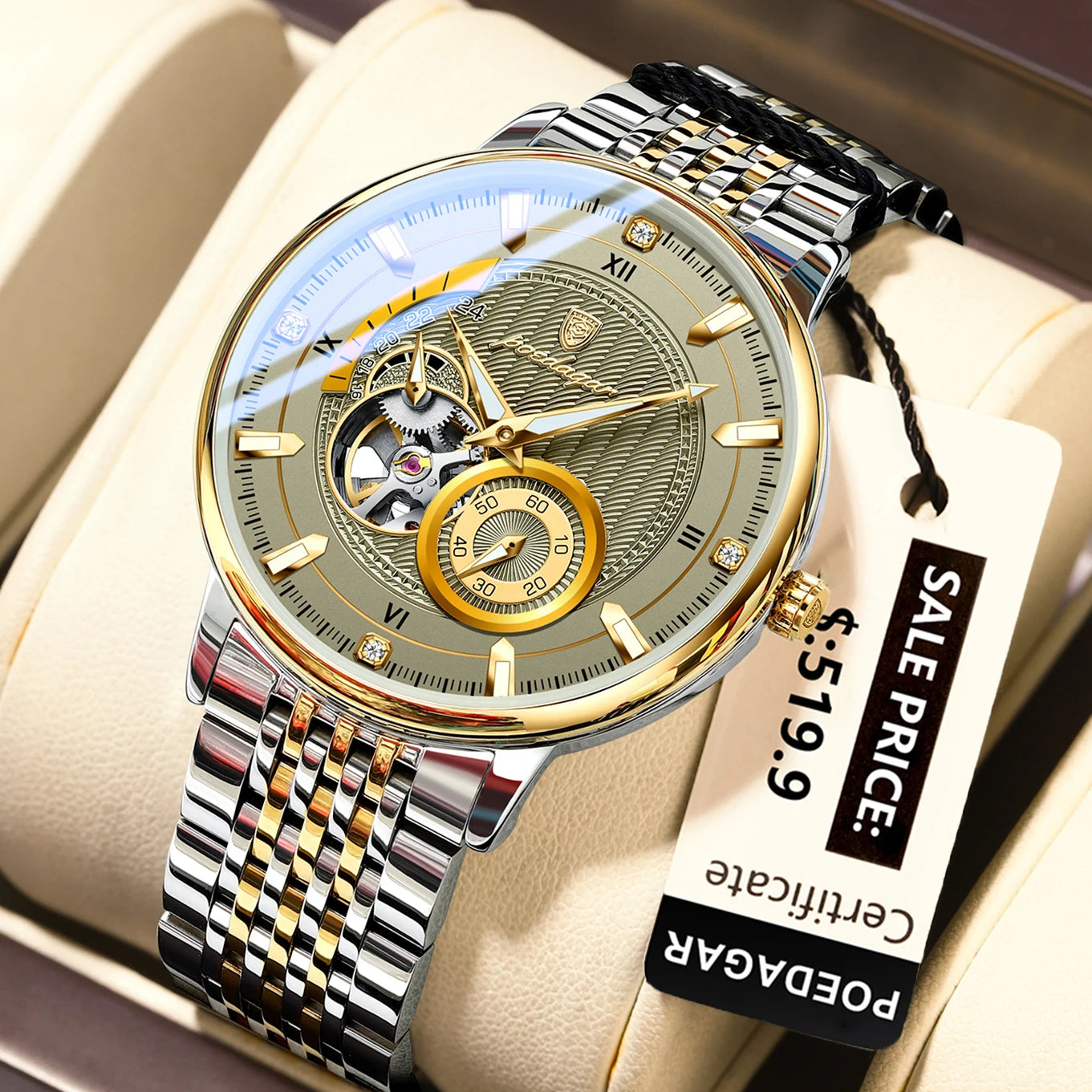 POEDAGAR Luxury Man Wristwatch Top Automatic Mechanical Luminous Men Watch Hollow Tourbillon Stainless Steel Men's Watches Reloj