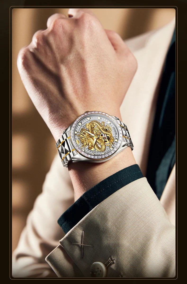  OUPINKE 3276 Mens Watch Original luxury Brand Automatic Mechanical Watch Dragon Dial Watch For Men Moon Phase Watch Mens Gift