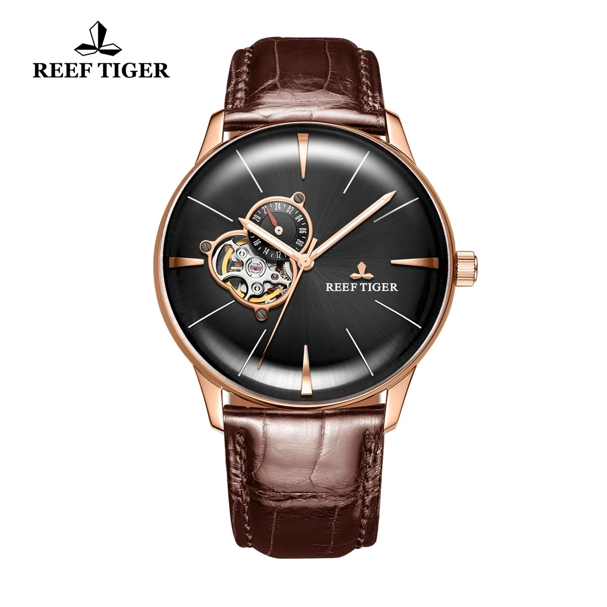 New Reef Tiger/RT Luxury Rose Gold Watch Men's Automatic Mechanical Watches Tourbillon Watches with Brown Leather Strap RGA8239