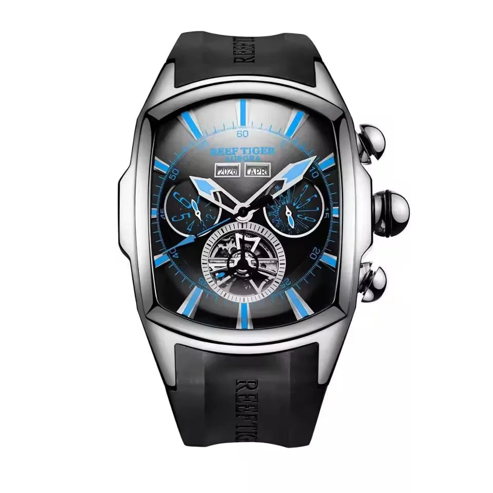 Reef Tiger 316L Stainless Steel Wine Barrel Automatic Watch Fashion Mulitfunction Tourbillon Mechanical Watches for Men RGA3069
