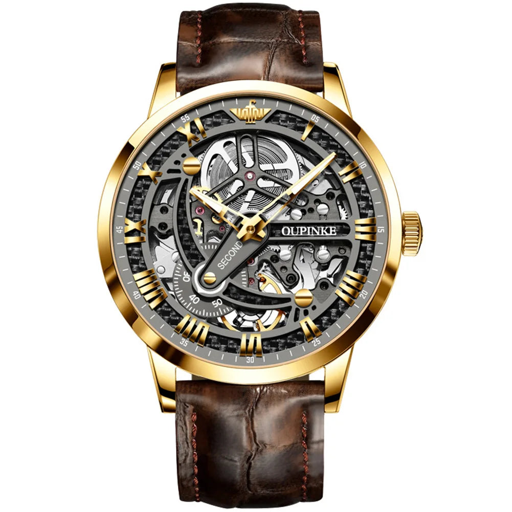 OUPINKE 3173 Men's Full Gold Watch Fully hollow out Waterproof top-level luxury automatic mechanical watch