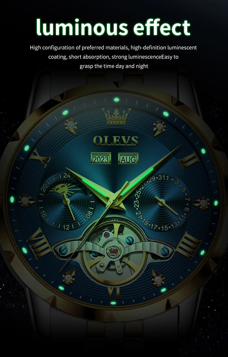 OLEVS Skeleton Multifunctional Men's Watch Automatic Mechanical Luxury Wrist Watch For Men Waterproof Stainless Steel Strap 6691