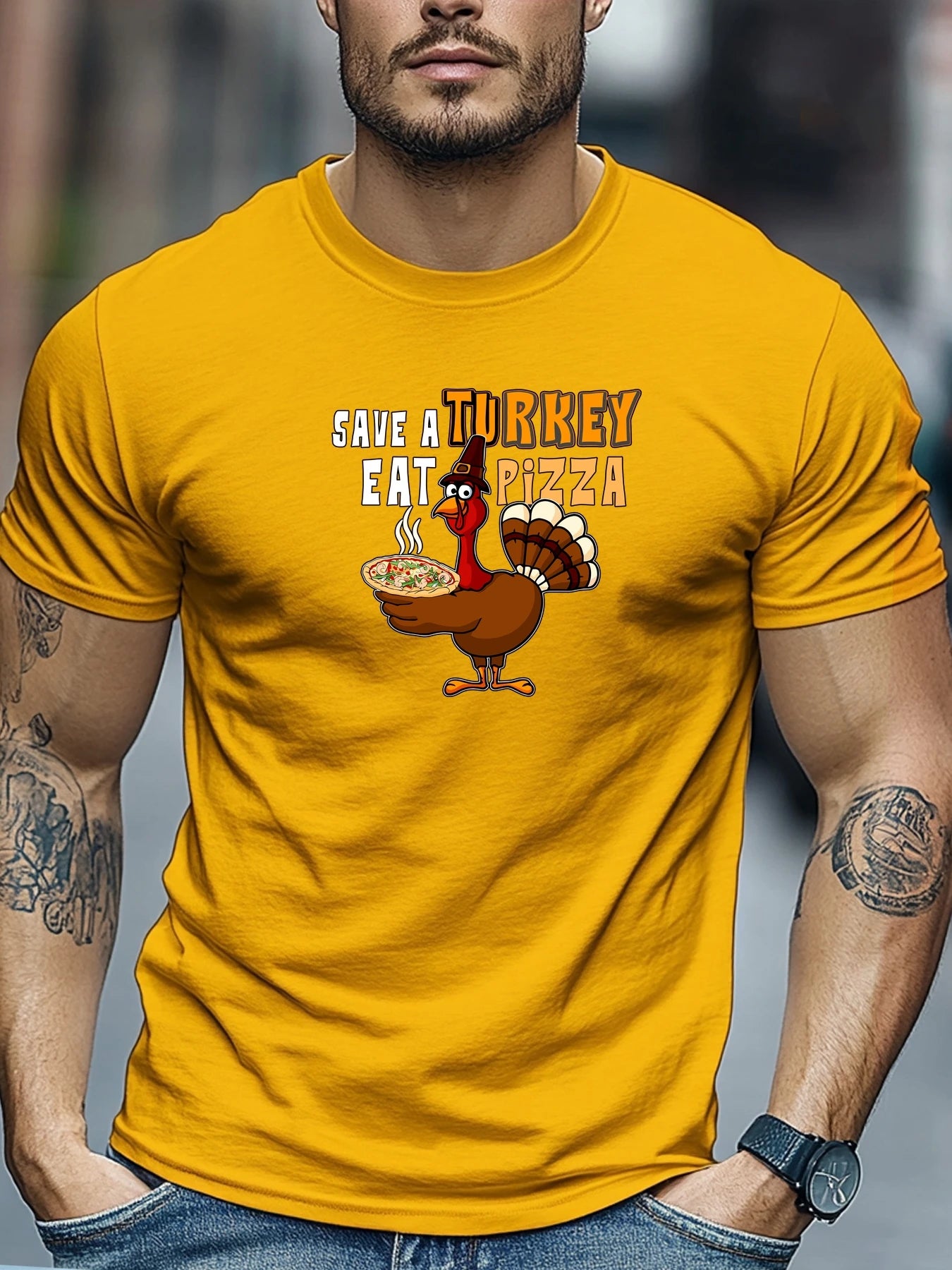 Men t-shirt SAVE A TURKEY EAT PIZZA Graphic Summer Soft Comfort Fit Tee Daily Wear Tops