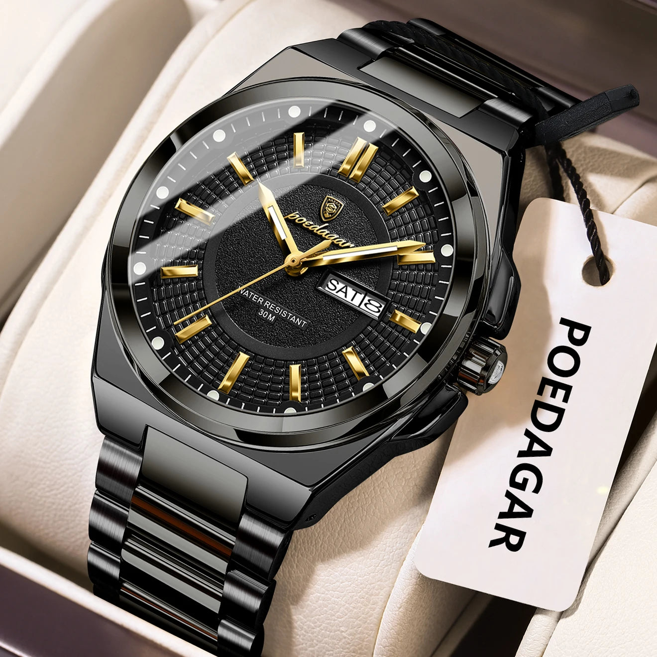 POEDAGAR Fashion Classic Men Wristwatches Stainless Steel Waterproof Luminous Man Watch Date Week Quartz Business Men's Watches