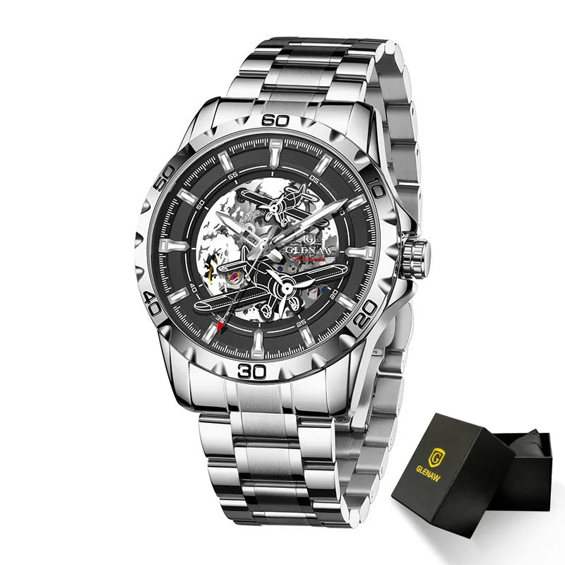 GLENAW New Pilot Series Men Watches Hollow Luxury Automatic Mechanical Watches Luminous waterproof Stainless Steel Strap Watch