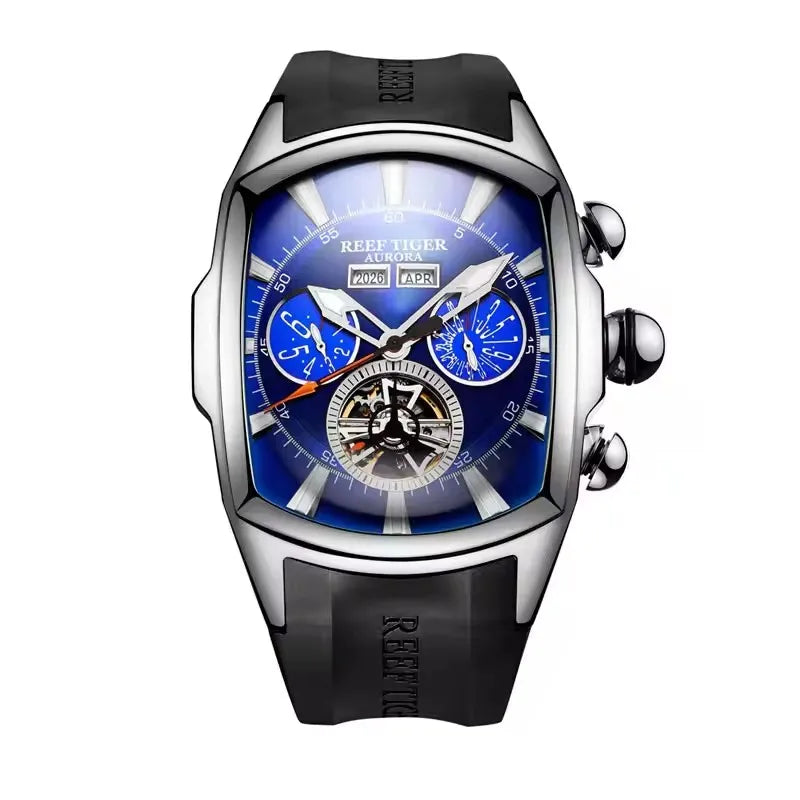 Reef Tiger 316L Stainless Steel Wine Barrel Automatic Watch Fashion Mulitfunction Tourbillon Mechanical Watches for Men RGA3069