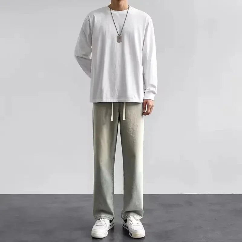 Blue Washed Denim Jeans for Men Straight Loose Fit Wide Leg American Style High Street Casual Pants Trendy Simple