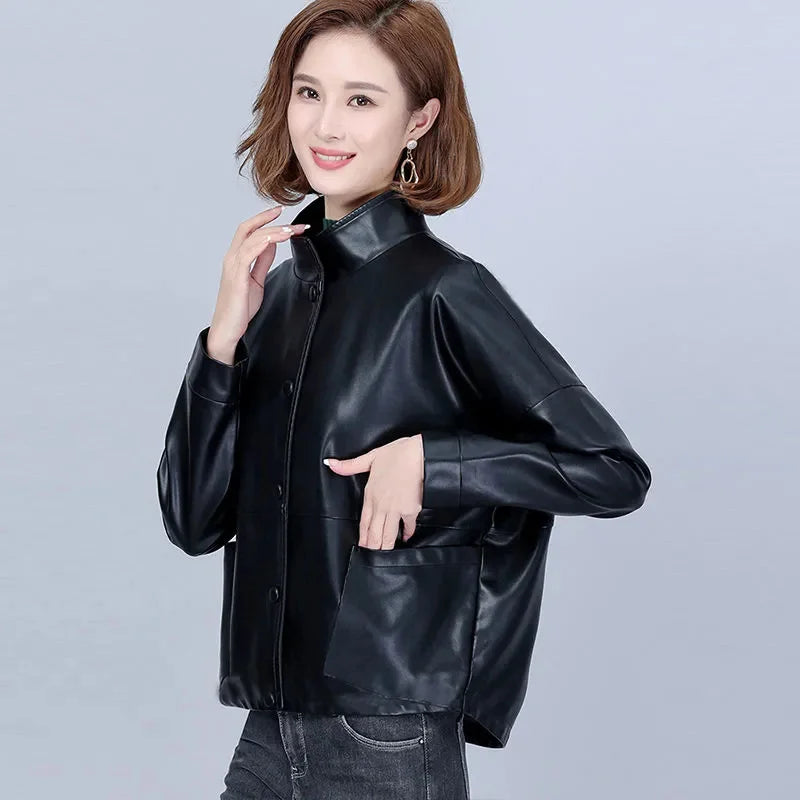 High end Women's Leather Jacket 2025 Autumn New Middle aged Woman Loose Leather Coat With lining Imitation Sheepskin Jackets