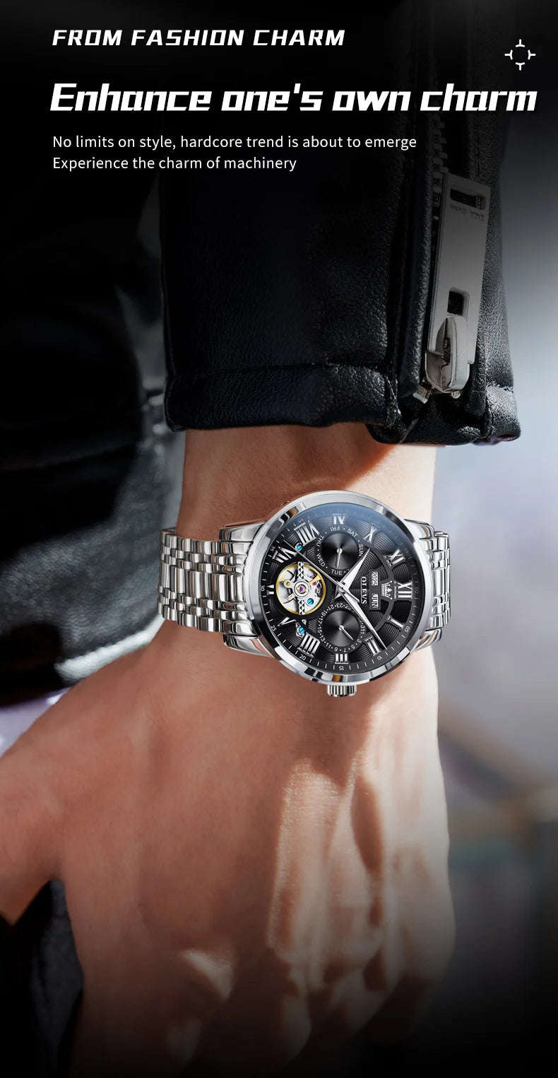 OLEVS 6668 Luxury Skeleton Automatic Mechanical Men Watch Top Brand Movement Roman Scale Calendar Waterproof Business Men Watch