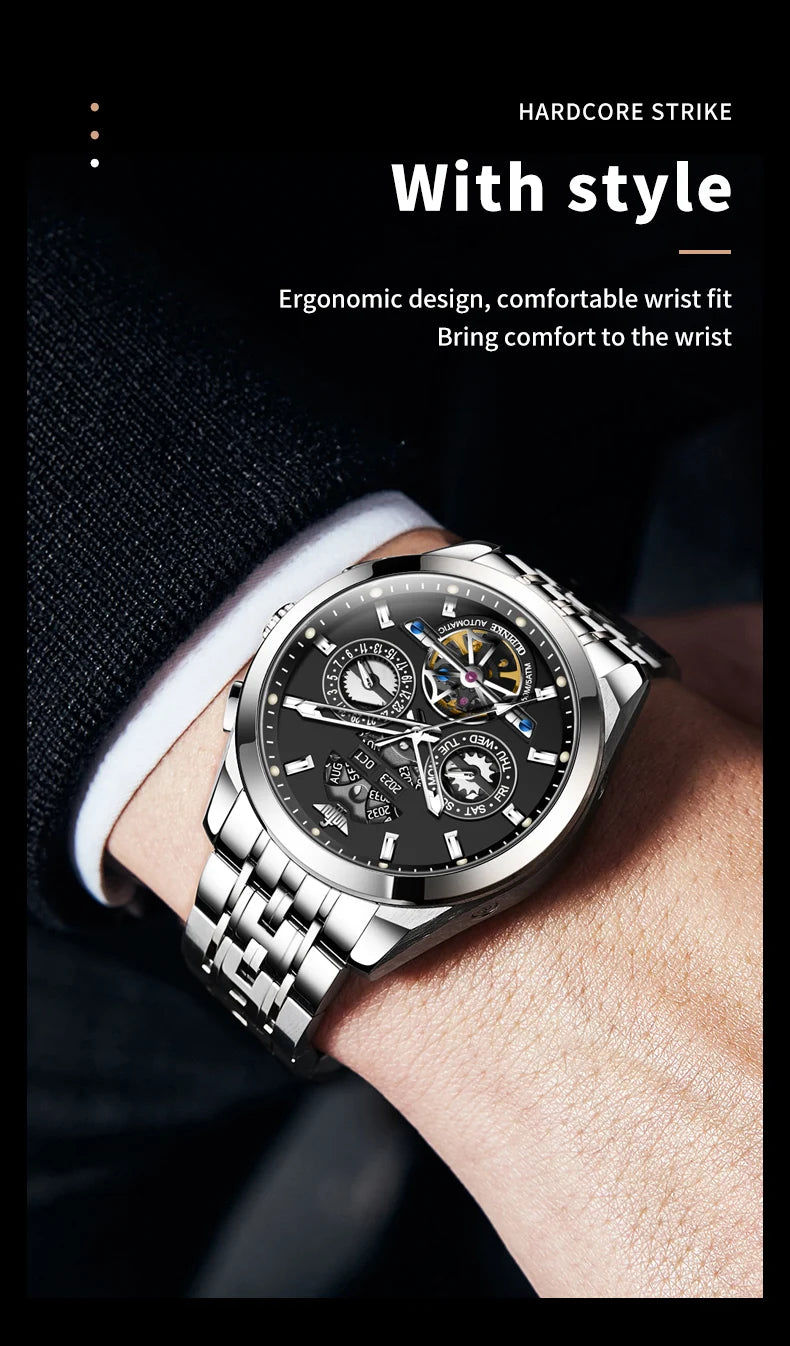 OUPINKE 3251 Watch For Men Auto Date Hollow Skeleton Luxury Automatic Mechanical Hand Clock Top Brand Waterproof Man Watches