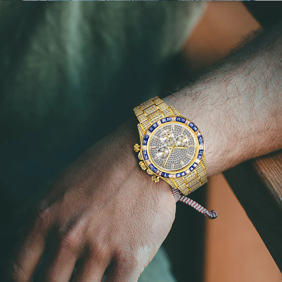 MISSFOX Blingbling Wristwatch For Men Luxury Colour Diamond Calendar Quartz Watch Hip Hop Fashion Waterproof Man Clock Hot Sale