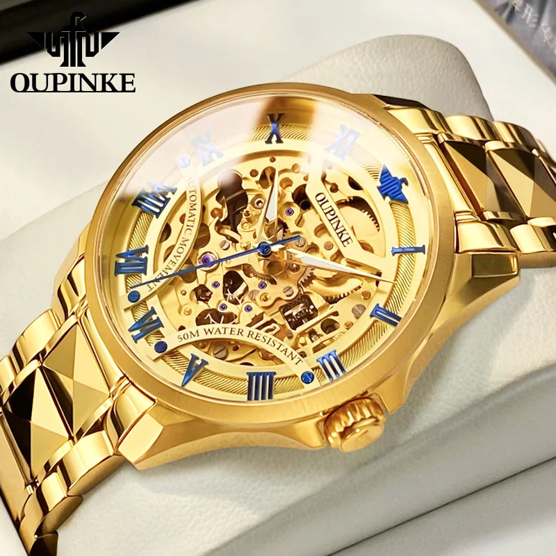 OUPINKE 3210 Gold Men Fully Automatic Mechanical Watch High end Original 3D Hollow Design Waterproof Luminous Men Watch Luxury