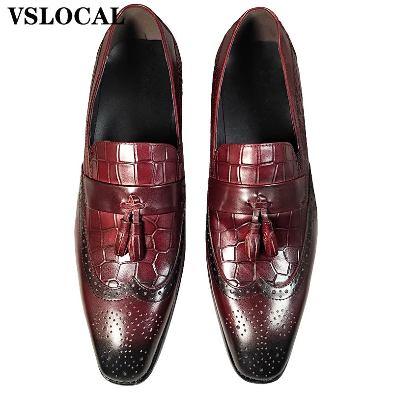 Italian Mens Shoes Blue Black Burgundy Wing Tip Casual Men Dress Shoes Loafers with tassels Leather Slip on Loafers Man