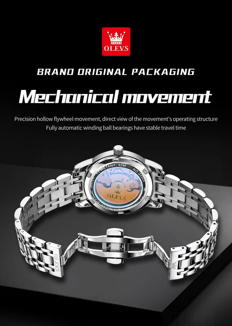 OLEVS 6668 Luxury Skeleton Automatic Mechanical Men Watch Top Brand Movement Roman Scale Calendar Waterproof Business Men Watch