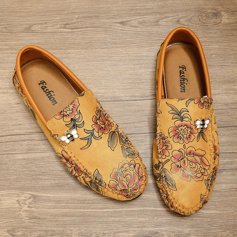 Autumn Fashion Flower Print Men's Loafers Oversized Leather Flat Shoes Men's Lightweight Driving Shoes