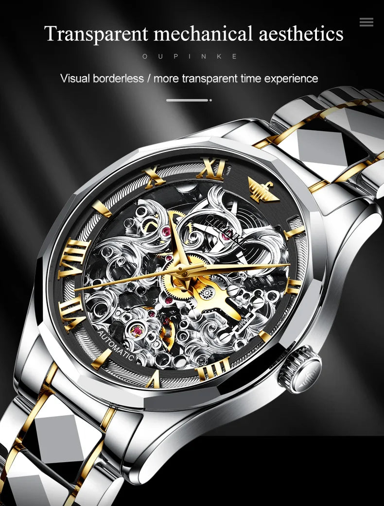OUPINKE Tungsten Steel Strip Men's Watches Fully Transparent Dial Automatic Mechanical Watch Waterproof Sapphire Mirror Surface