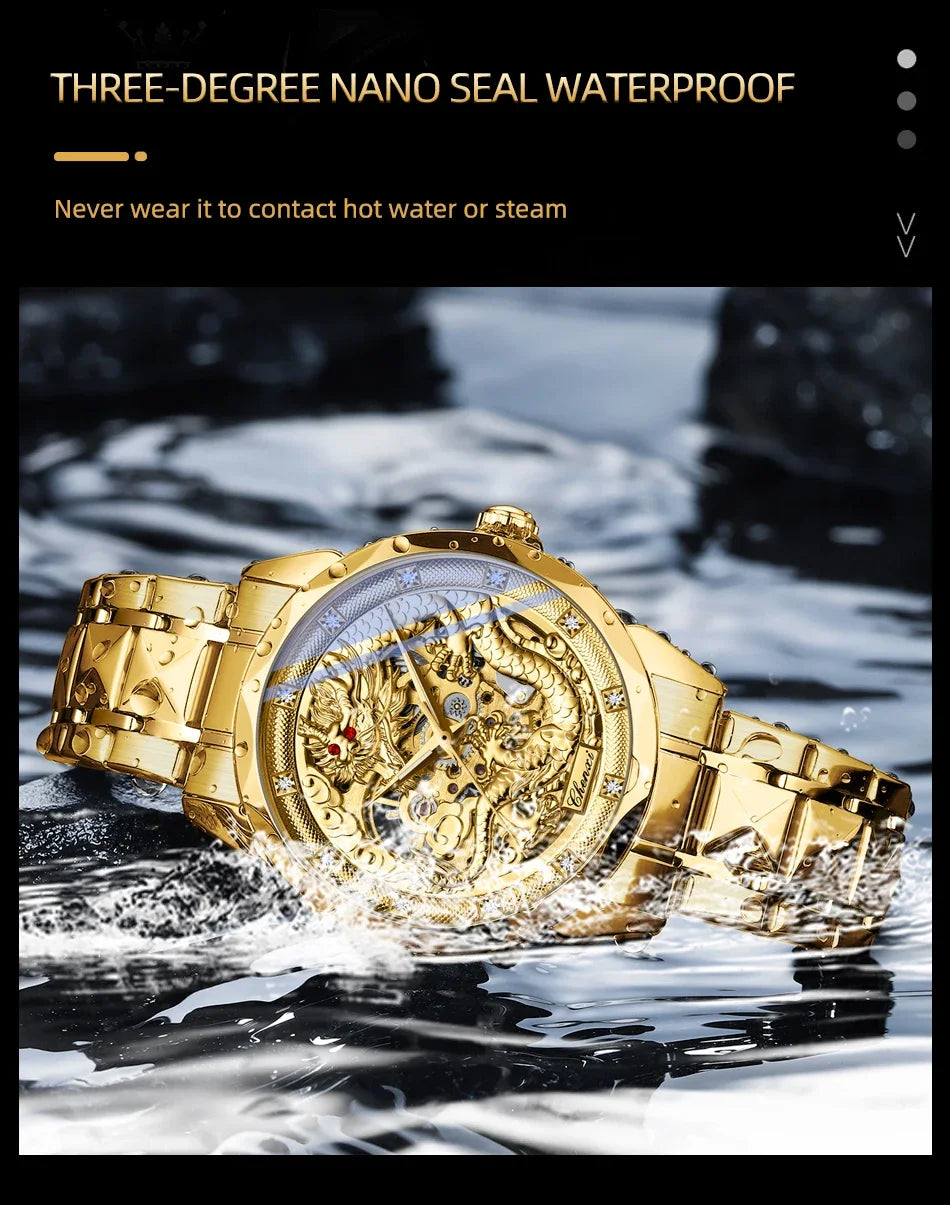 Chenxi 8899 Chinese Nation Culture And Art 3d Embossed Dragon Pattern Gold Automatic Mechanical Stainless Steel Watches For Men