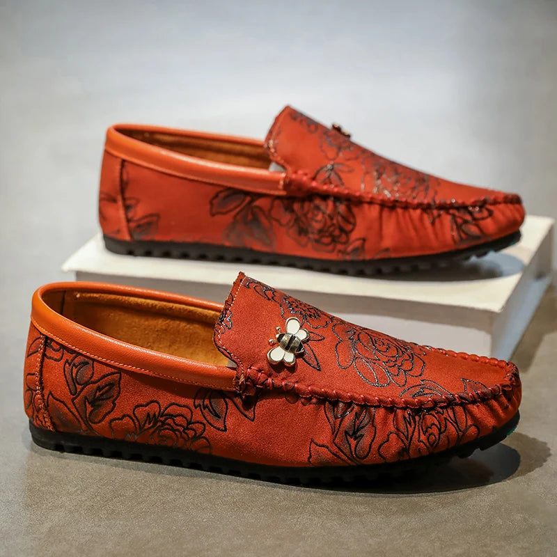 Autumn Fashion Flower Print Men's Loafers Oversized Leather Flat Shoes Men's Lightweight Driving Shoes