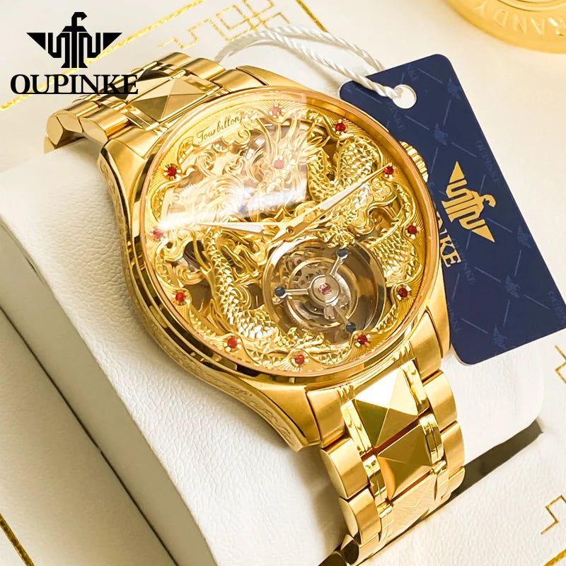 OUPINKE 3176 Tourbillon Men Watch Luxury Gold Dragon Watch Automatic Movement Mechanical Watch HD Sapphire Waterproof Men Watch