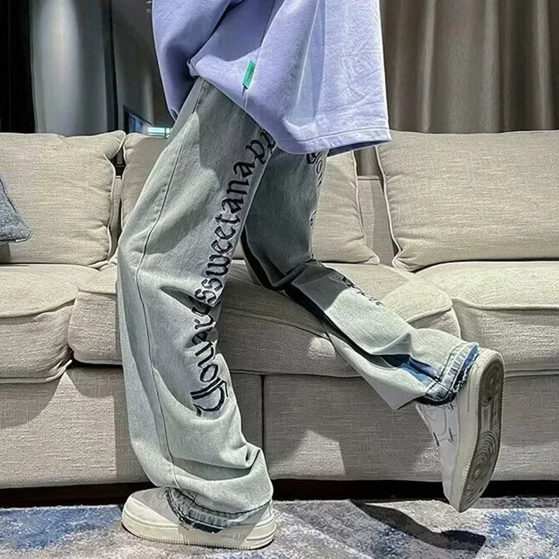 Man Fashion Casual Jeans Male Hip-hop Chic Loose Straight Leg Brand Retro Streetwear Pants Letter Print Goth Punk Baggy Trousers