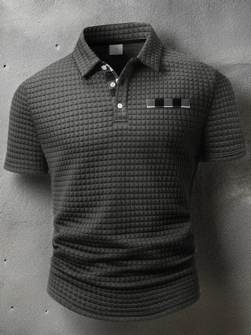 Men's Polo Shirt with Square Plaid Texture Fabric, Solid Color Pattern, Short-Sleeve Polo Collar Top, Non-Positioned Digital Print Fabric, Irregular Plaid Pattern, Fashionable Casual Daily Wear, Business Casual Wear