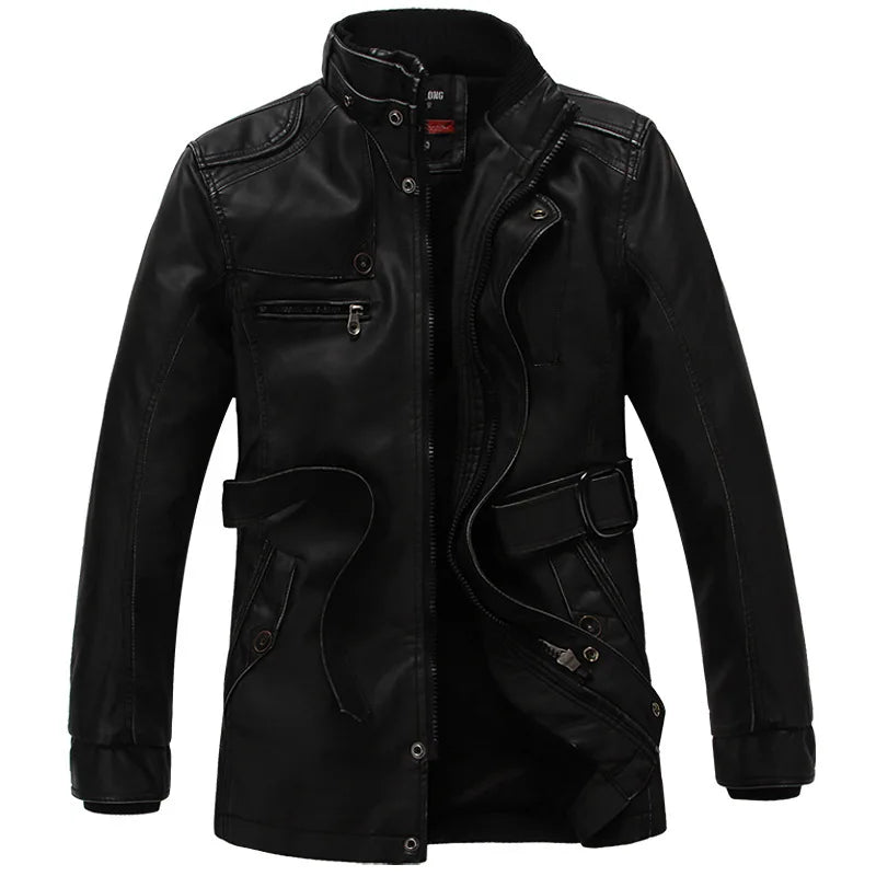 Men's Fashion Leather Long Jacket Men New Casual Vintage Blazer Winter Thick Motorcycle Biker Coat Men's Brand Design PU Jacket