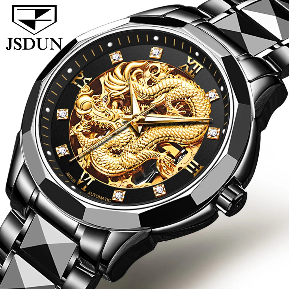 JSDUN Gold 3D Dragon Dial Watch For Men Luxury Brand Automatic Mechanical Watch Stainless Steel Strap Hollow-carved Reloj Hombre