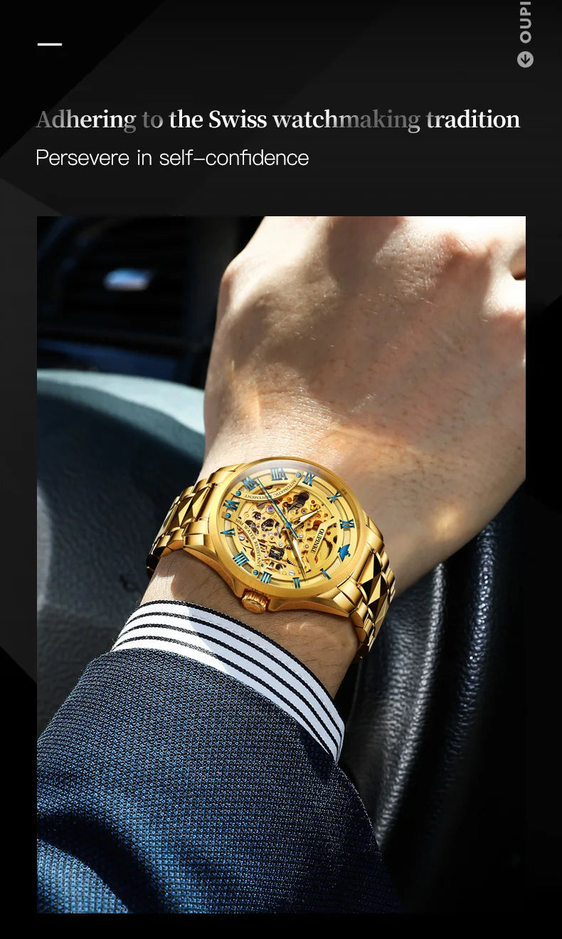 OUPINKE 3210 Gold Men Fully Automatic Mechanical Watch High end Original 3D Hollow Design Waterproof Luminous Men Watch Luxury