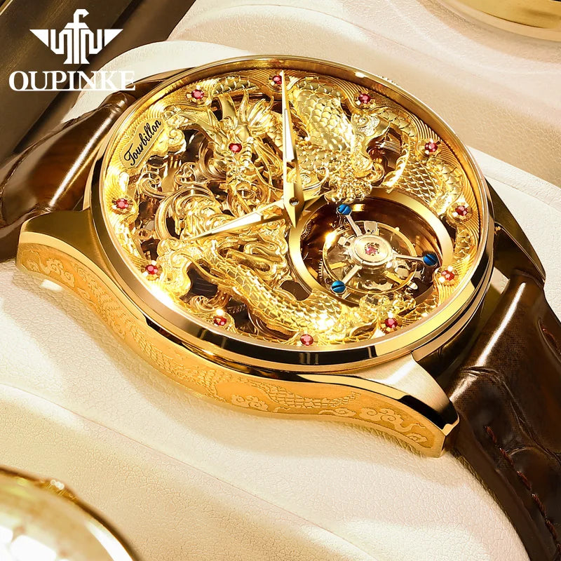 OUPINKE 3176 Tourbillon Men Watch Luxury Gold Dragon Watch Automatic Movement Mechanical Watch HD Sapphire Waterproof Men Watch