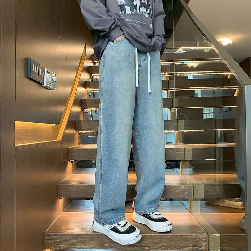 Men's jeans, black, autumn and winter, American style men's youthful and trendy pants, mid waist casual straight leg jeans