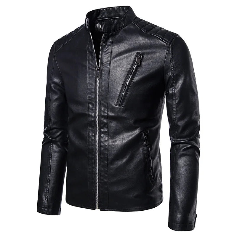 Korean Man Autumn Leather Jacket Stand Collar Long Sleeve Men Bomber Coat Fashion Motorcycle Punk Outdoor Zipper Male Outerwear