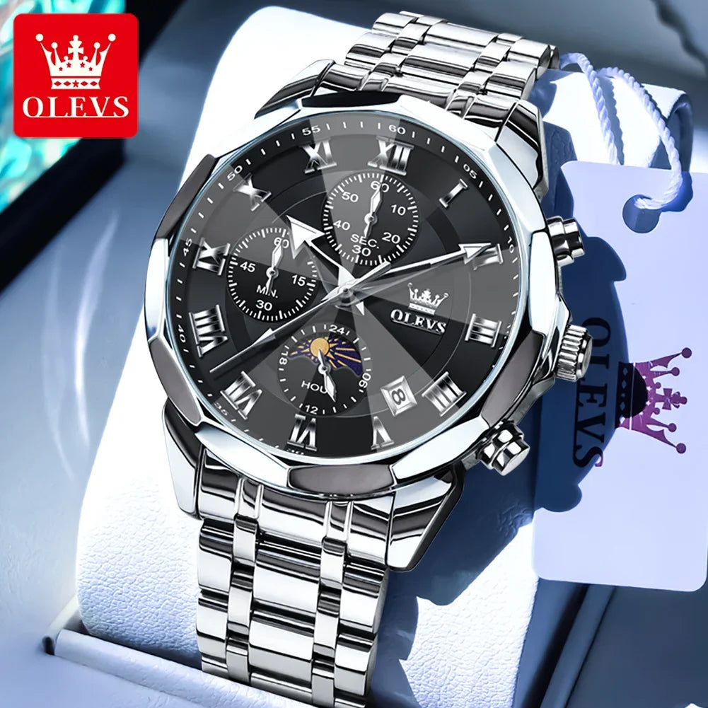 OLEVS 3675 Men's Multifunctional Chronograph Quartz Watch Waterproof Moon Phase Display Fashionable Gift for Men