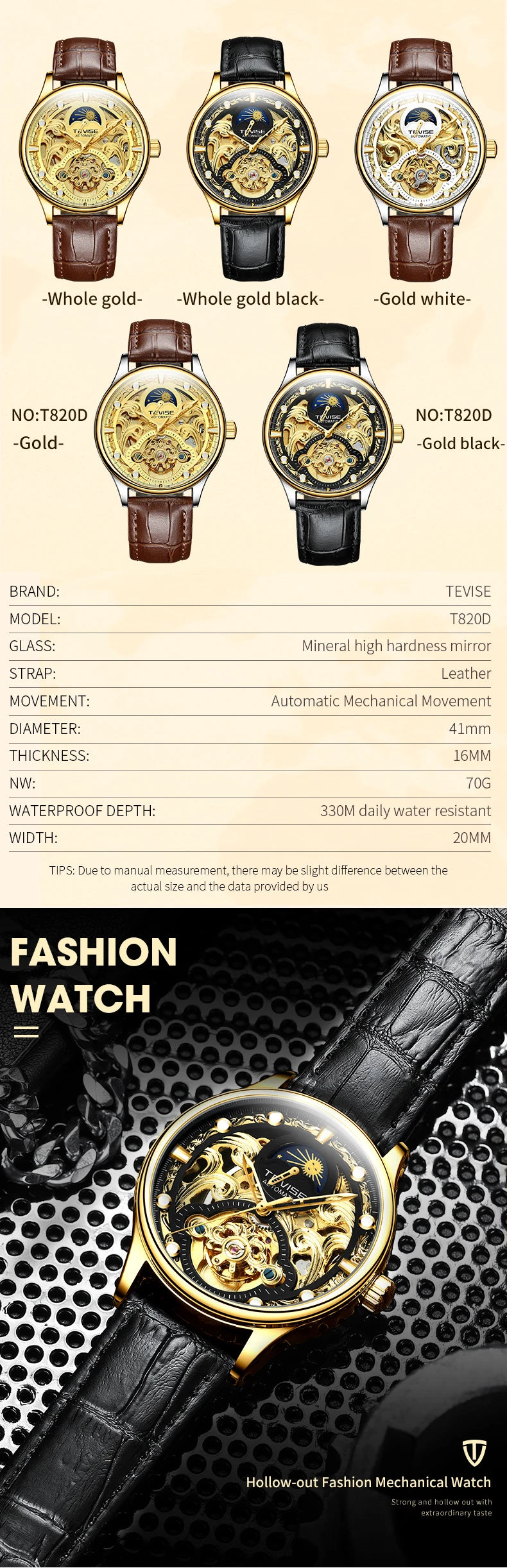 TEVISE New Watch Hollow out Waterproof Business Casual Watch Fully Automatic Men's Mechanical Watch T820D