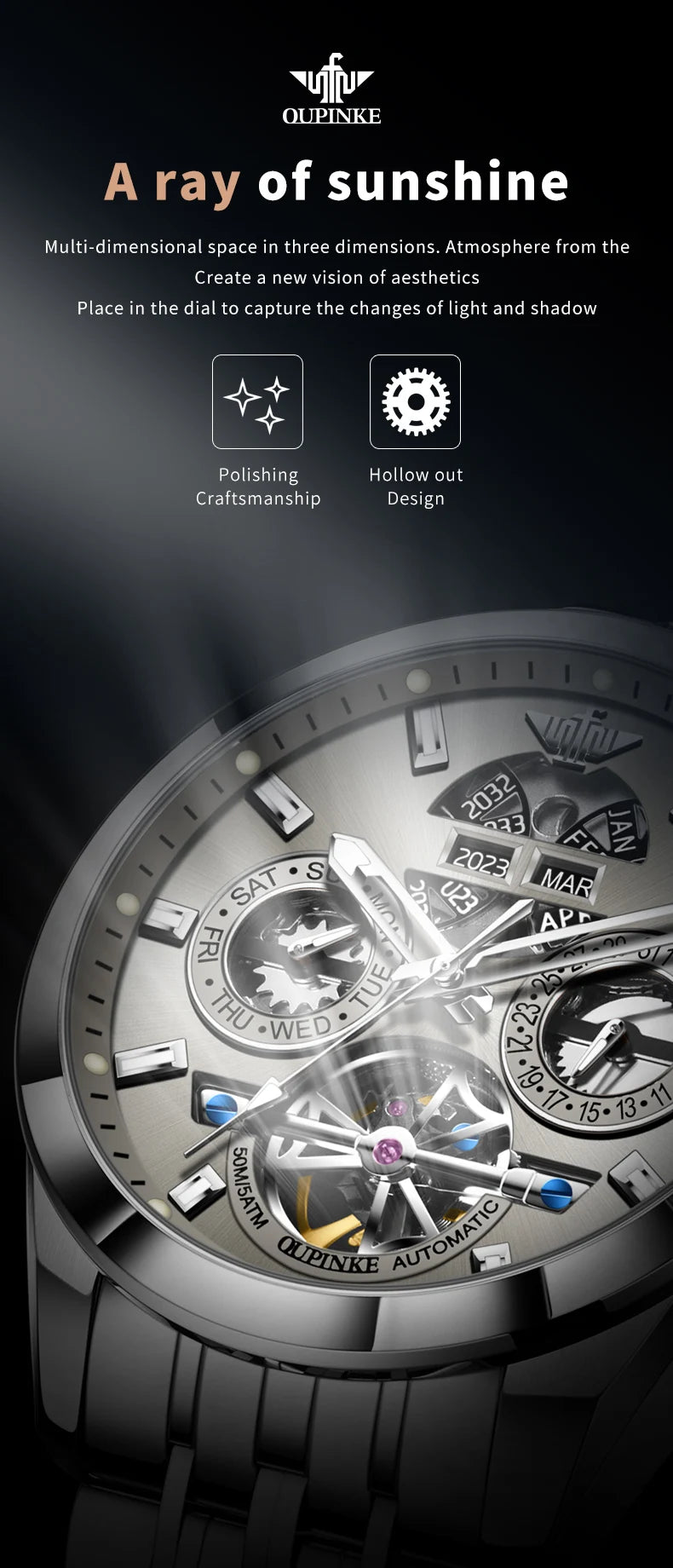 OUPINKE 3251 Watch For Men Auto Date Hollow Skeleton Luxury Automatic Mechanical Hand Clock Top Brand Waterproof Man Watches