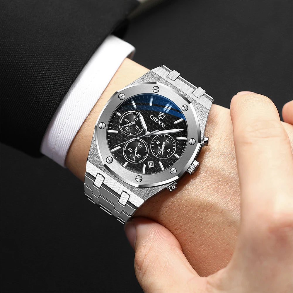 CHENXI Brand Multi-Function Sports Man Watch Luminous Chronograph Steel Strap Waterproof Calendar Quartz Watches Male