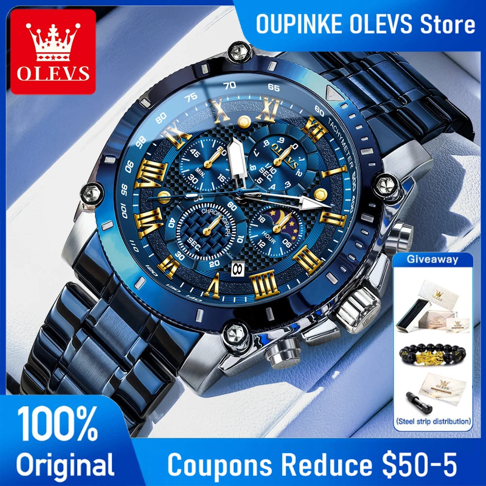 OLEVS Watches Man 3689 New Original Quartz Watch Waterproof Luminous Moon Phase Sports Watches For Man Stainless Steel Reloj