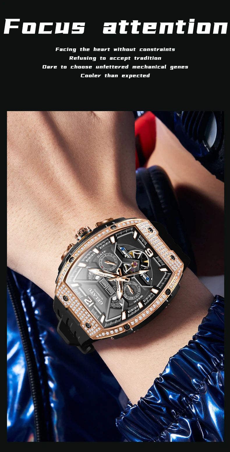 GELATU 6016 High-end Full Diamond Automatic Mechanical Watch for Men Multifunction Hollow Silicone Strap Men's Wristwatches