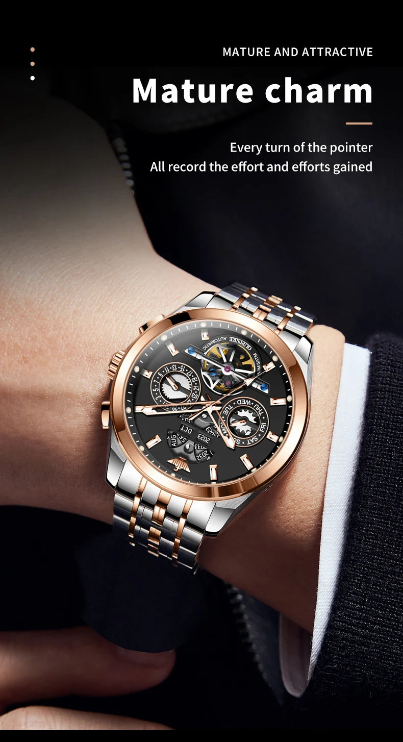 OUPINKE 3251 Watch For Men Auto Date Hollow Skeleton Luxury Automatic Mechanical Hand Clock Top Brand Waterproof Man Watches