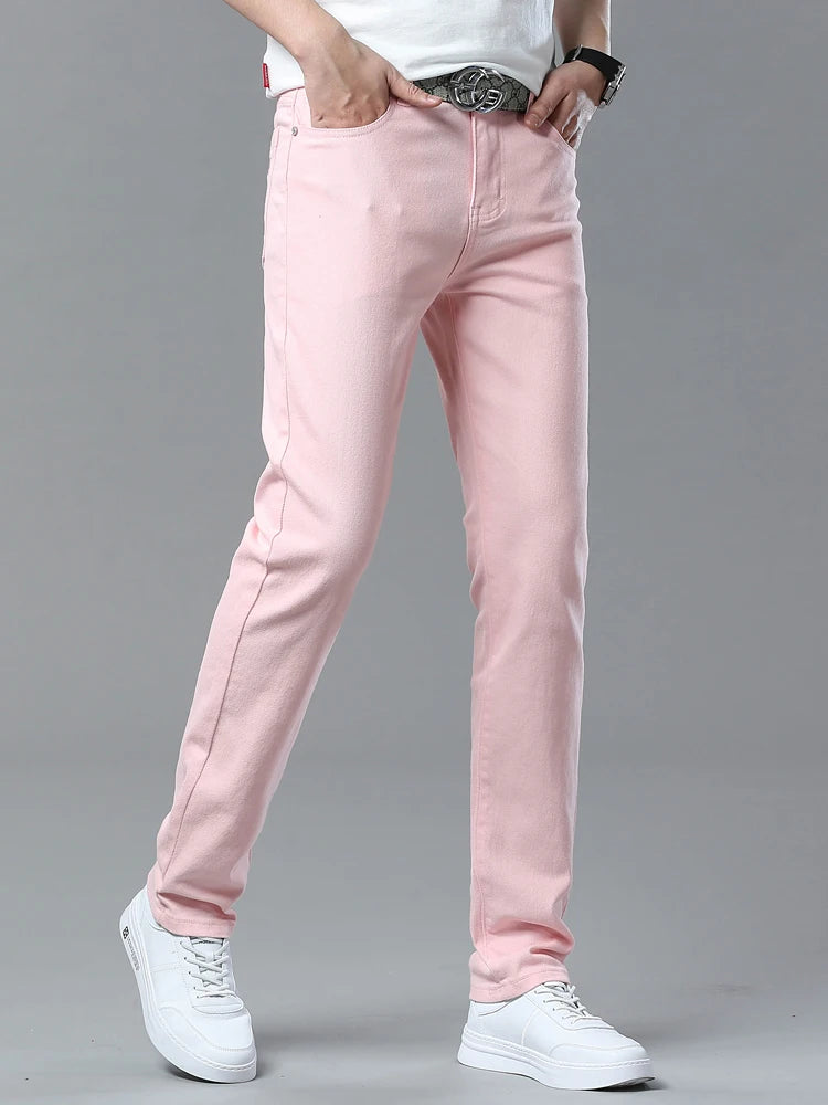 Men's Pink Jeans Spring Summer New Comfortable Elastic Fitted Straight Denim Trousers Fashion Korean Male Casual Pants