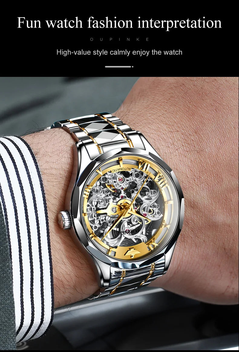 OUPINKE Tungsten Steel Strip Men's Watches Fully Transparent Dial Automatic Mechanical Watch Waterproof Sapphire Mirror Surface