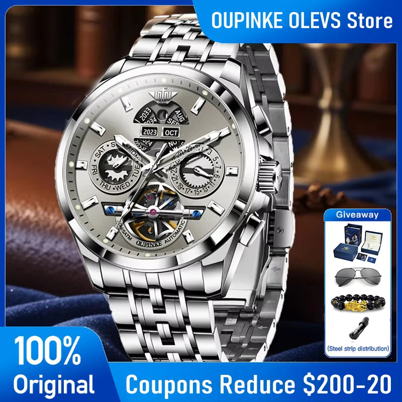 OUPINKE 3251 Mens Watch Luxury Sapphire Glass Tourbillon Mechanical Watch Tungsten Steel 50M Waterproof Watch For Man Gift Box