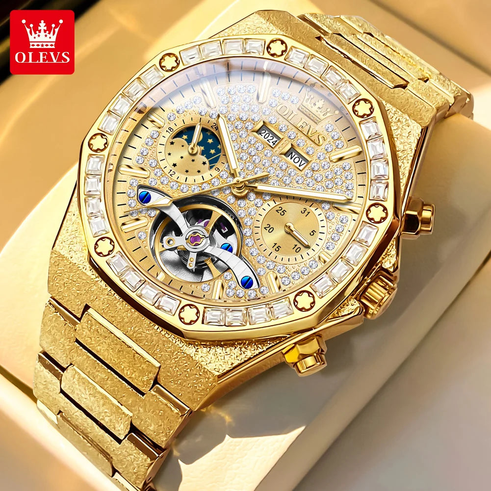 OLEVS 9805 High end Men Watches Waterproof Moon Phase Diamond Dial Fashion Luxury Mechanical Watch Skeleton Original Wristwatch