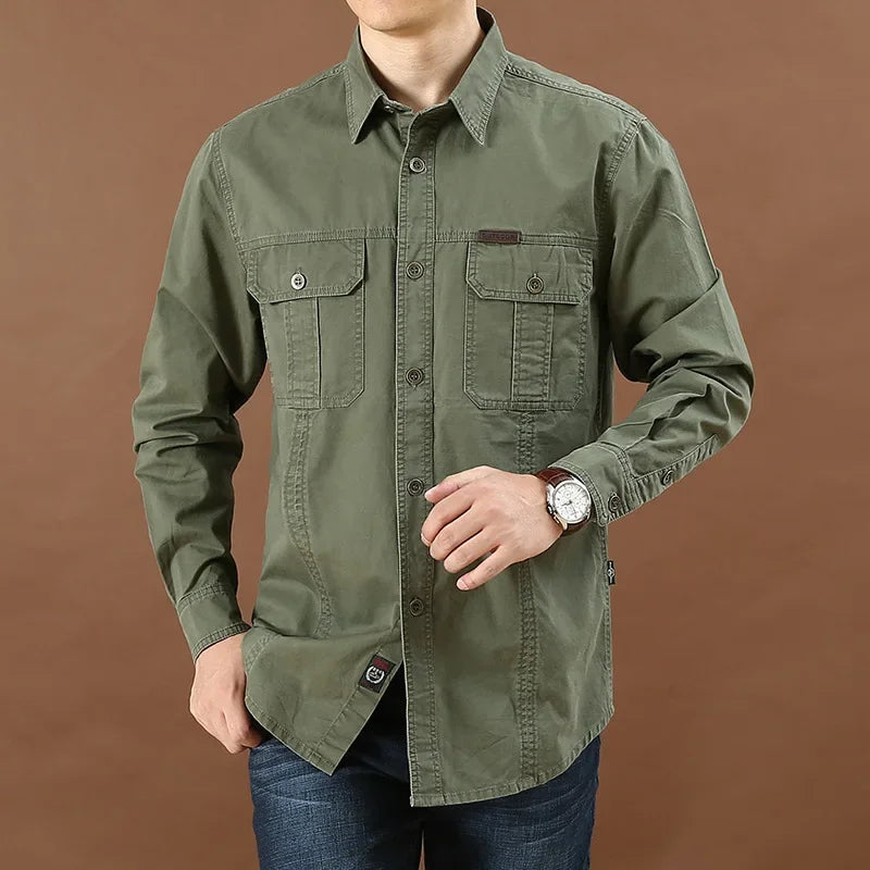 Men Loose Long-sleeved Shirt. New Solid Color Shirt for Middle-aged and Young People in Europe and America in Spring and Autumn