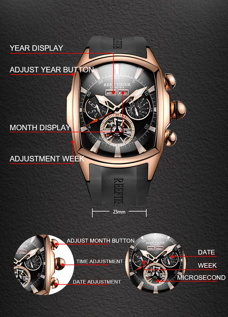 Reef Tiger 316L Stainless Steel Wine Barrel Automatic Watch Fashion Mulitfunction Tourbillon Mechanical Watches for Men RGA3069