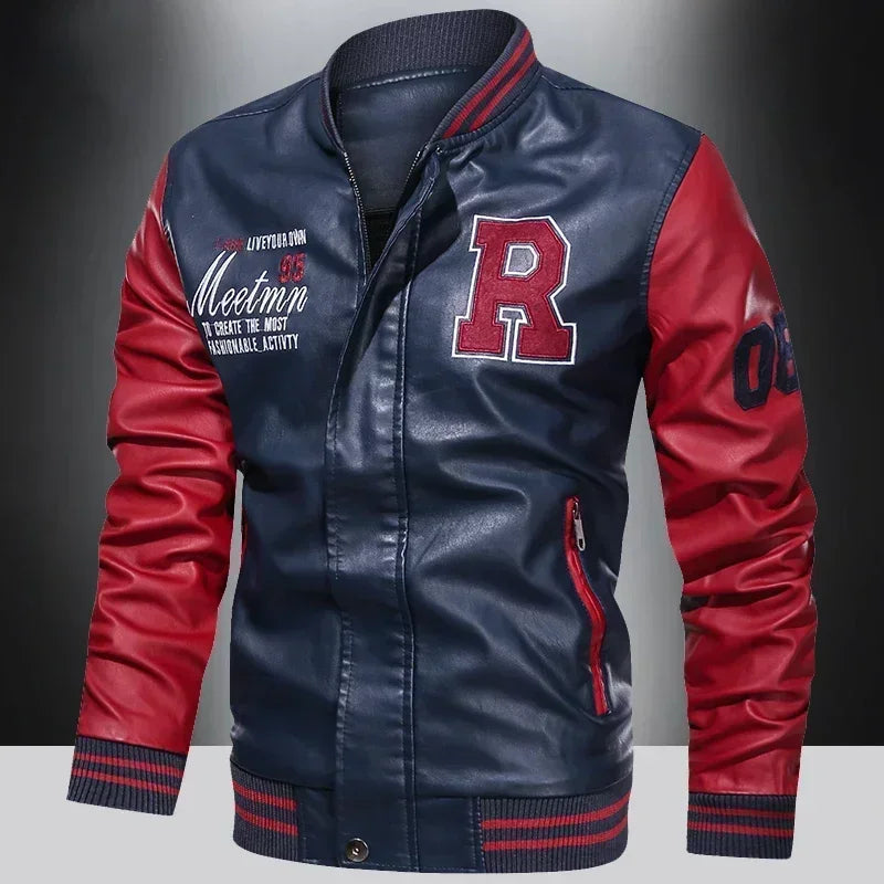 Men's American Leather Baseball Jacket Casual Color Block PU Pilot Coat Spring Autumn Leather Jacket Motorcycle Suit Jackets Men