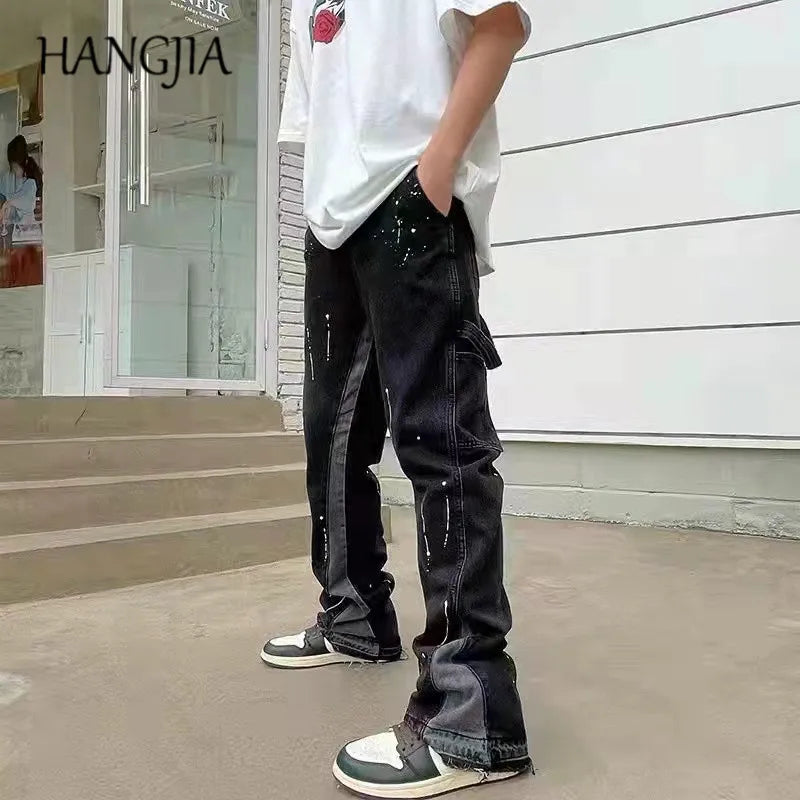 Vintage Mens Flared Leg Jeans Denim Hip Hop Splashing Ink Wide Leg Jean Pants Black Fashionable Retro Streetwear Baggy Jeans Y2k