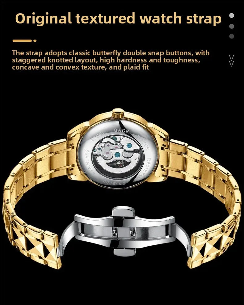 Men's Automatic Mechanical Watch Night Glow Waterproof Relief New Fashion Business Leather Steel Band Luxury Timepiece